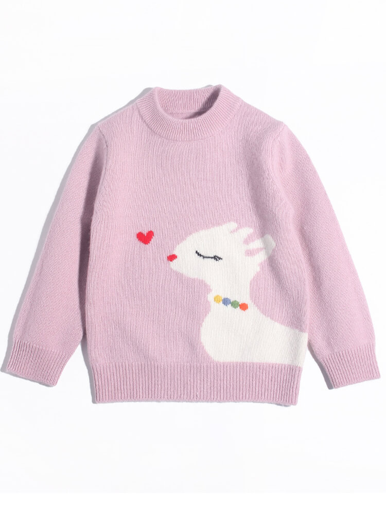 Deer and Heart Knit Soft Pink Cashmere Pullover Sweater for Girl